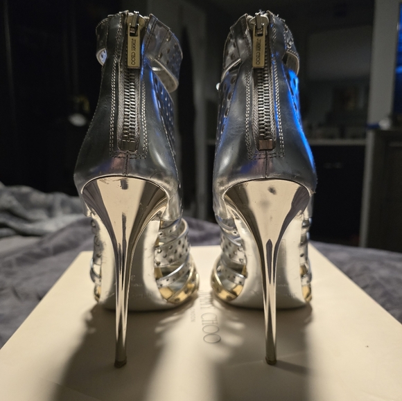 JIMMY CHOO Silver & Gold Metallic Ankle Caged Stilettos - Picture 8 of 14